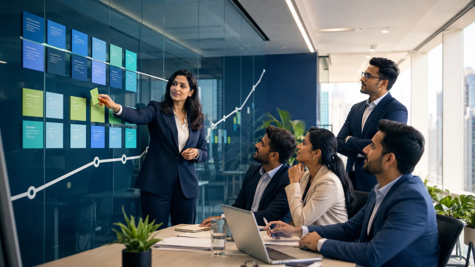 Indian business leaders transforming strategy into action by assigning priorities, planning milestones and reviewing measurable progress during a collaborative strategy session.